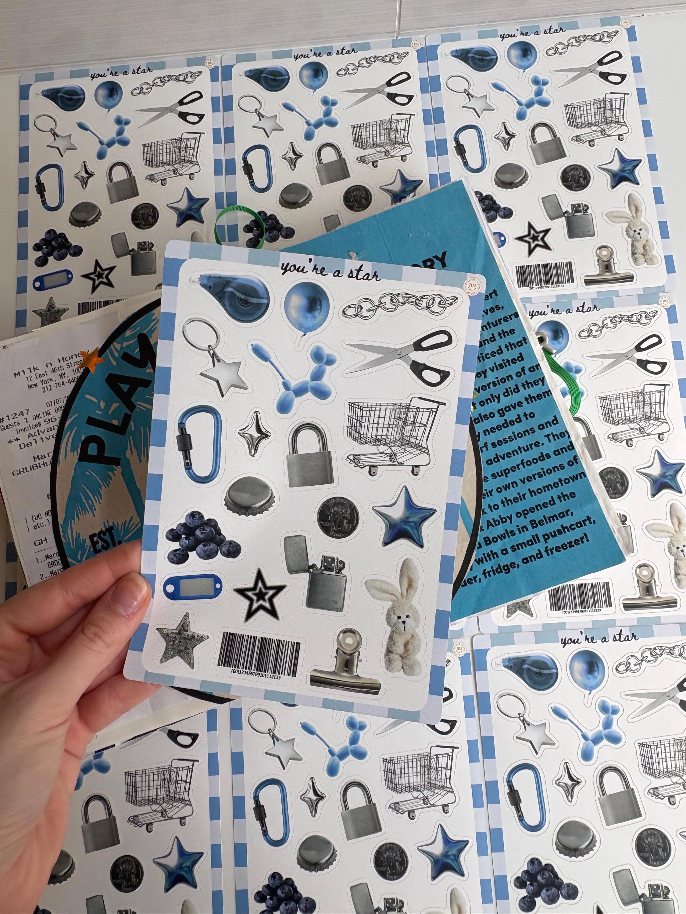 Blue Trinket Journal 5x7 Sticker Sheet,Scrapbook Stickers, Journal Cover Stickers,Kiss Cut Sticker , Junk Journal Supplies, Vinyl Stickers