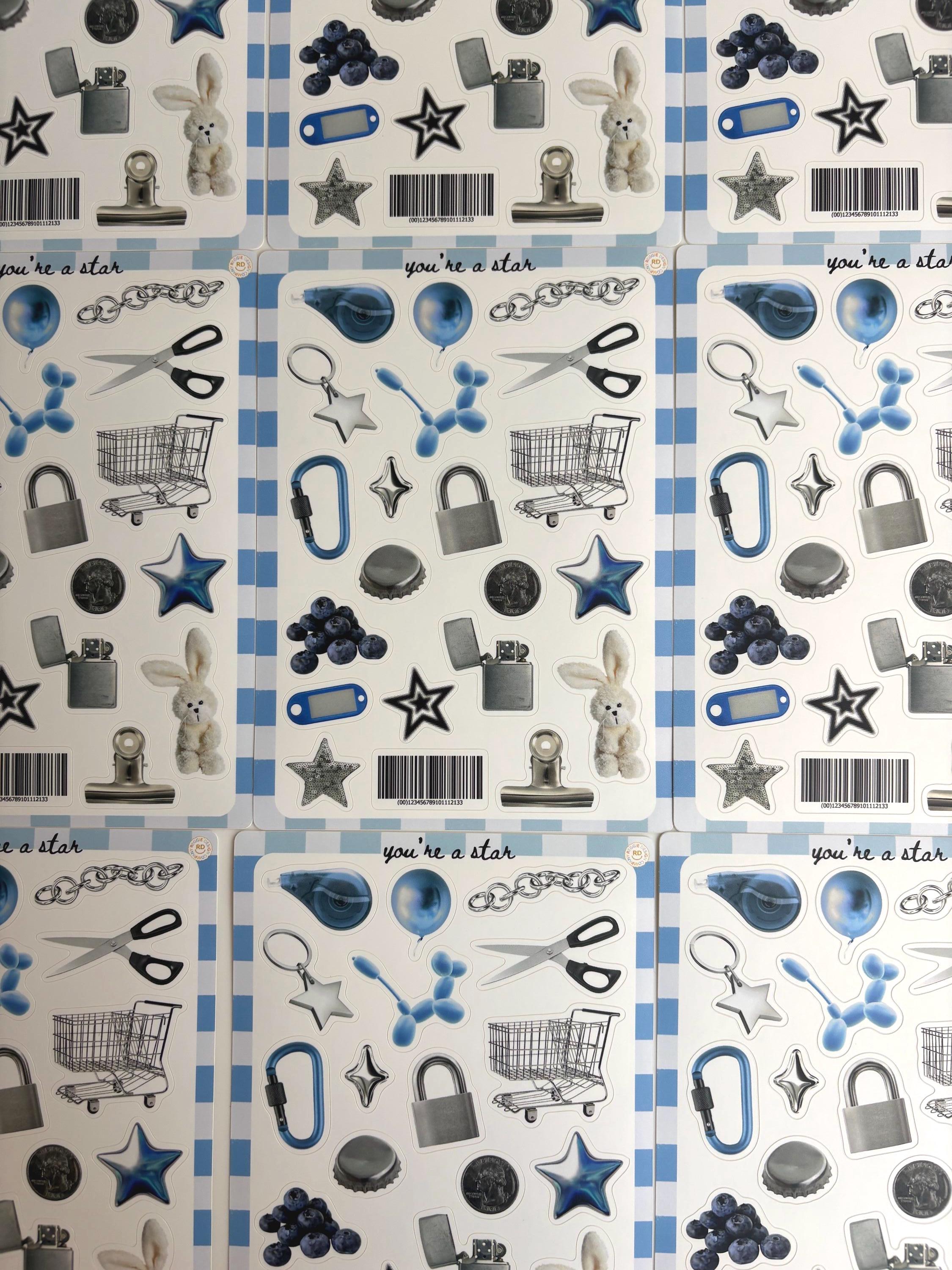 Blue Trinket Journal 5x7 Sticker Sheet,Scrapbook Stickers, Journal Cover Stickers,Kiss Cut Sticker , Junk Journal Supplies, Vinyl Stickers