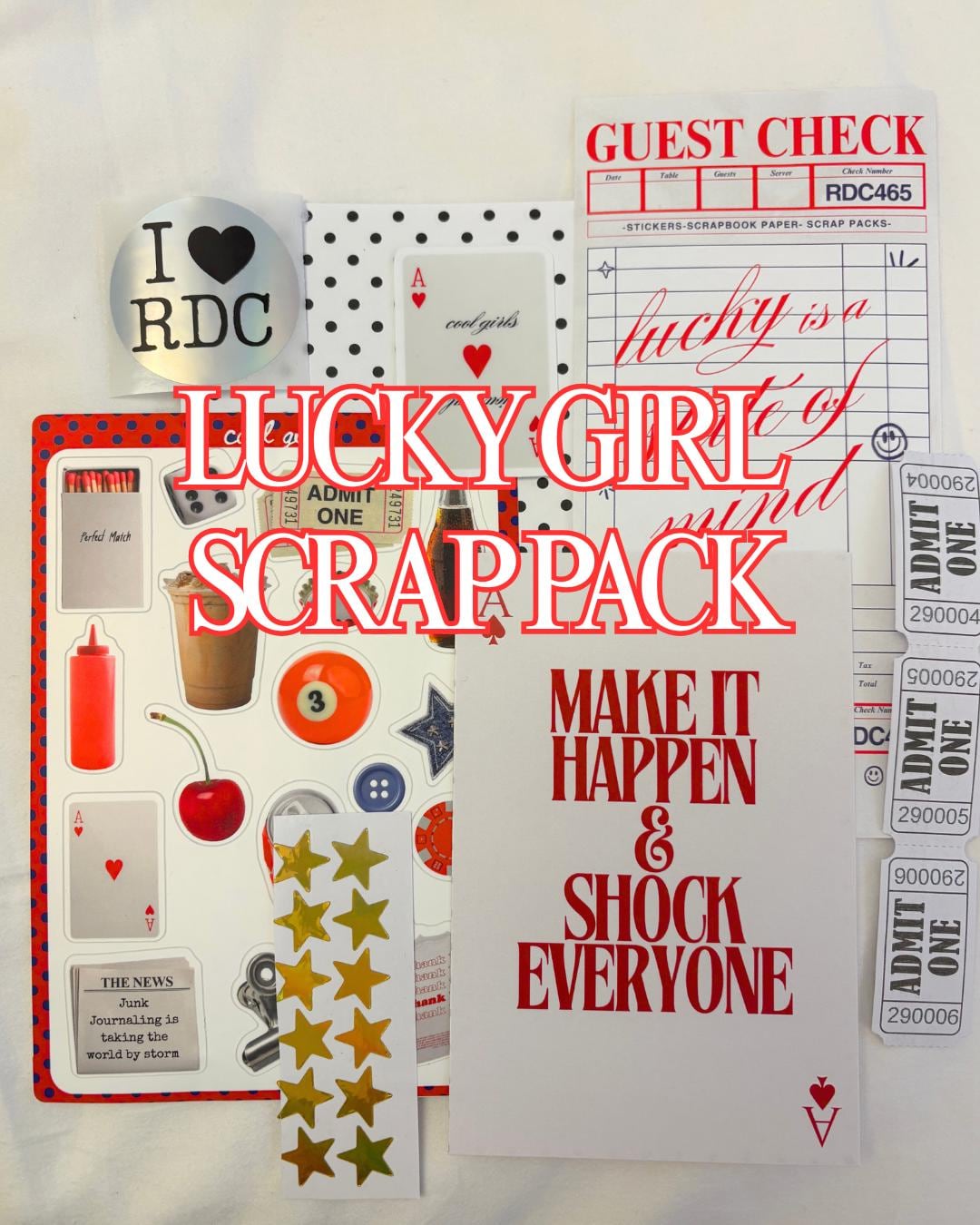 Lucky Girl Junk Journal Scrap Epherma Supply Kit - Mystery Assorted Ephemera Sticker Pack- Mixed Media- Aesthetic, trinket, sticker sheets