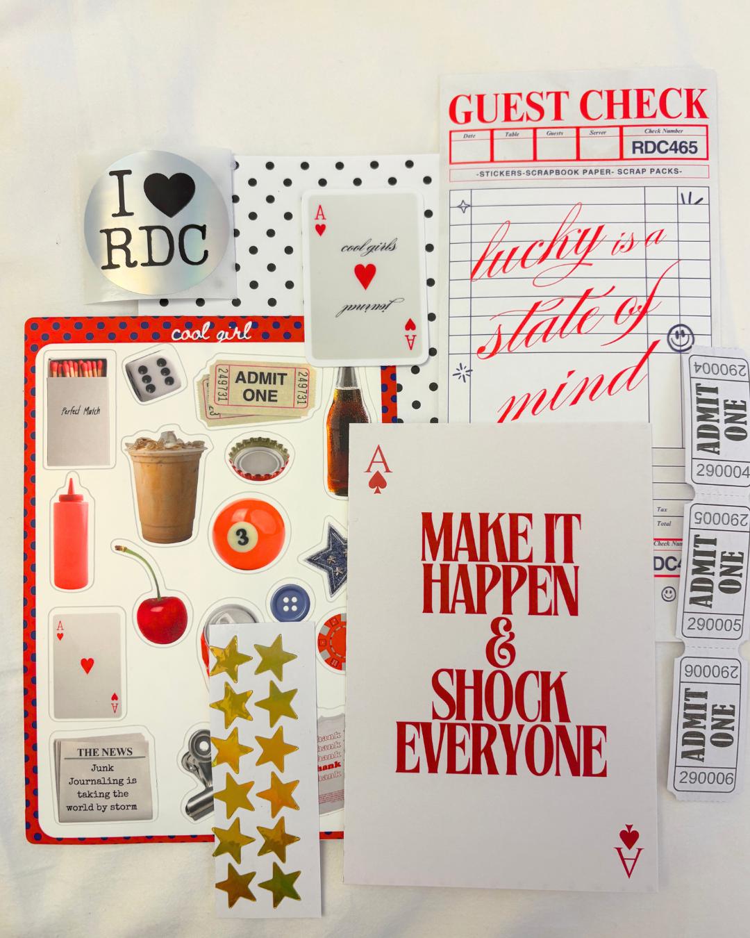 Lucky Girl Junk Journal Scrap Epherma Supply Kit - Mystery Assorted Ephemera Sticker Pack- Mixed Media- Aesthetic, trinket, sticker sheets